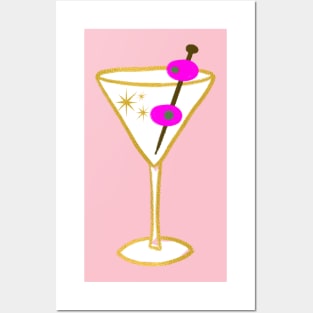 Glam Retro Faux Gold Martini Cocktail Drink Glass With two Pink Olives Illustration Posters and Art